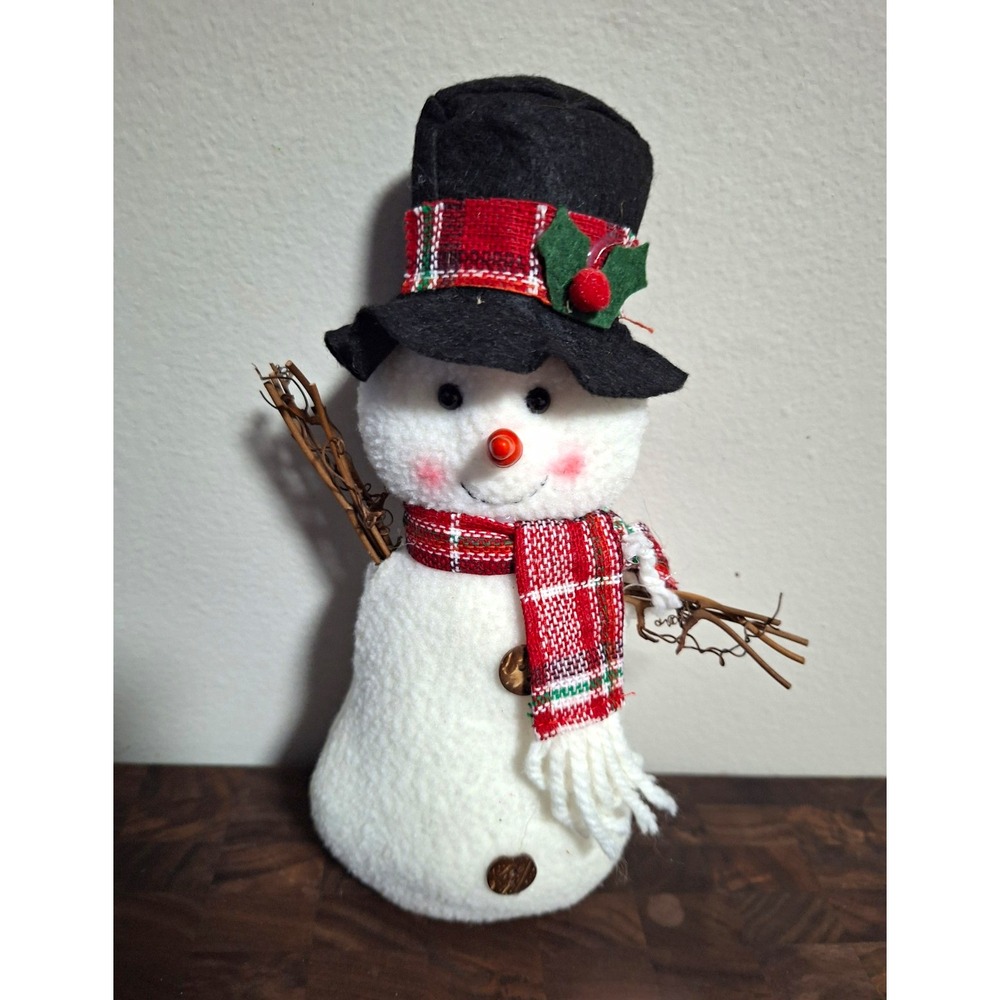 Christmas Snowman Figurine Fabric Decor Free Standing Black Hat Plaid Scarf